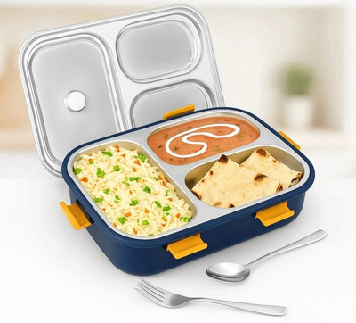 OMETER Lunch Box For kids Leak Proof Stainless Steel 3 Compartment with Spoon & Fork 1 Containers Lunch Box(750 ml)