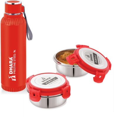 Dhara Stainless Steel Fit N Fresh Tiffin Box Containers Red 200 ml Each + Quench Bottle 700 ml 2 Containers Lunch Box(400 ml)