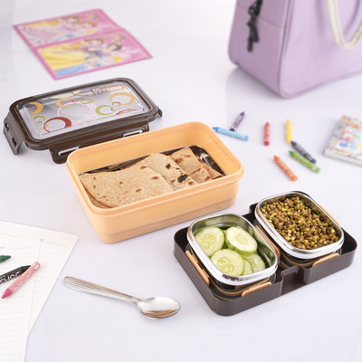 Nabhya School Lunch Box With 1 Bottom Lid, 1 Steel Plate, 2 SS Small Katori & 1 Spoon 4 Containers Lunch Box(1100 ml)