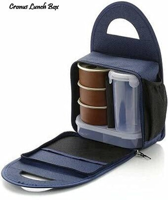 Treeky 3 S.S container + plastic lid + bottle Lunch Box Tiffin Set with Carry Bag 5 Containers Lunch Box(300 ml)