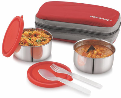 MODWARE 2 Stainless Steel Round Containers 300 ML Each, 1 Fork & 1 Spoon- Red 2 Containers Lunch Box(600 ml, Thermoware)