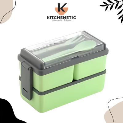 Kitchenetic Double Decker 3 Compartment Plastic Lunch Box With Cutlery For Daily Use 3 Containers Lunch Box(1500 ml)