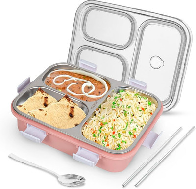 HM EVOTEK Multi-Layer Stainless Steel with Food-Safe Compartments & Vent Lid 3 Containers Lunch Box(750 ml, Thermoware)