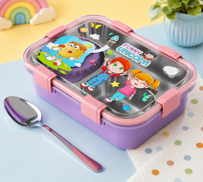 urben Wipe Unicorn Kids Stainless Steel Bento Lunch Box with 3 Compartments 3 Containers Plastic, Stainless Steel School Lunch Box(750 ml, Microwave Safe)