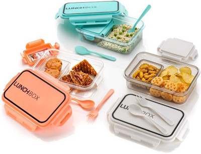 Antic Pack of 3 Unbreakable Plastic Transparent Airtight, Leakproof with spoon 3 Containers Lunch Box(800 ml, Thermoware)