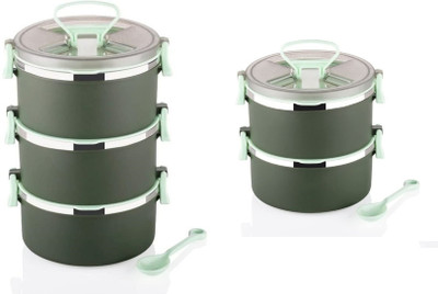 Analog Kitchenware 2 & 3 Compartment Plastic Inner Stainless Steel School/College/Office Lunch Box 5 Containers Lunch Box(900 ml)
