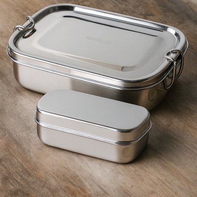 MARSELITE Heavy Stainless Steel Lunch Box with Inner Small Box for Office & School Use 2 Containers Lunch Box(850 ml)