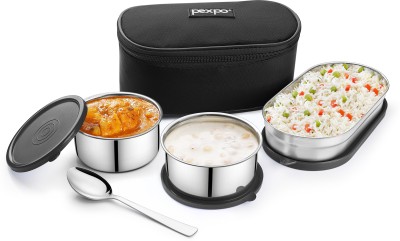 pexpo Delight Steel Double Decker Lunch Box 1 Oval & 2 Round Air-Tight Container, 3 Containers Lunch Box(1040 ml)