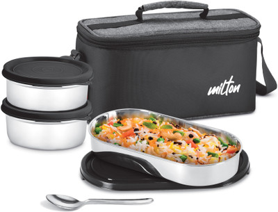 MILTON Steel Champ 2 Round Inner Steel Containers 340ml each & Oval 450ml Cutlery Black 3 Containers Lunch Box(450 ml, Thermoware)
