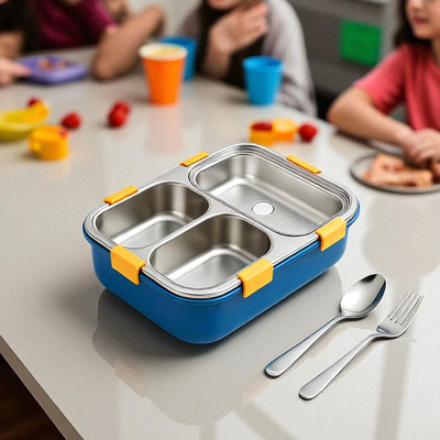 Colorbee Bolt-Action Latch System Steel Lunch Box with 3 Airtight Leakproof Compartments 3 Containers Lunch Box(750 ml, Thermoware)