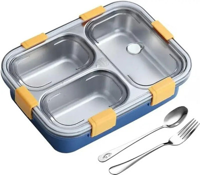Divea Blue Stainless Steel Lunch Box | 3 Compartment Tiffin with Spoon & Fork 3 Containers Lunch Box(800 ml)
