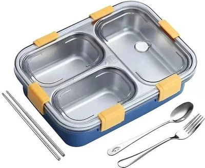 KitchenQ Leakage Proof Stainless Steel Lunch Box with Fork,Chopstick & Spoon 3 Containers Lunch Box(750 ml)