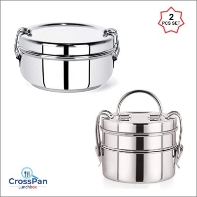 CrossPan Klassic Clipper Stainless Steel Tiffin Box, 2-Pcs Set ,Mirror Polish 3 Containers Lunch Box(1500 ml)