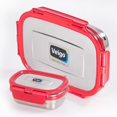 Veigo Jumbo+Veg box Stainless Steel Tiffin Box | Red | Leak Proof | Air Tight | 2 Containers Lunch Box(1130 ml, Thermoware)