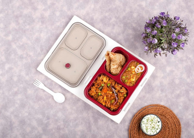HM EVOTEK Plastic 3 Compartment Lunch Box for School Multicolor Lunch Box with Spoon S2 3 Containers Lunch Box(900 ml)