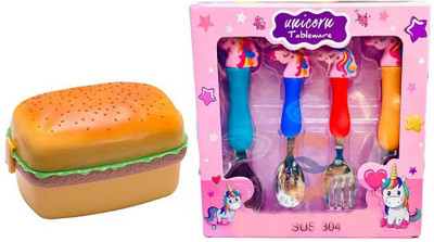 topgifties Combo of Burger Shape Lunch Box& Unicorn Baby Feed Spoon and Fork Set(Pack of2)| 3 Containers Lunch Box(500 ml)