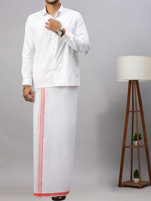 MSC MAA SHEETLA CREATIONS Self Design, Solid White, Red Lungi