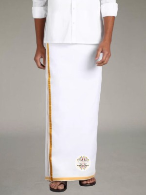 MSC MAA SHEETLA CREATIONS Solid, Woven, Striped White, Gold Lungi