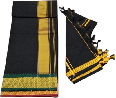 A COTTONS Solid Black, Yellow Lungi