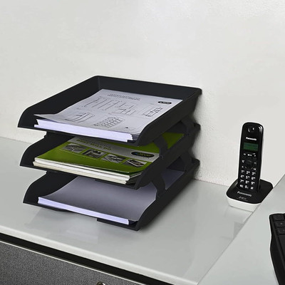 Bimex 3 Compartments Plastic File Tray Rack ABS Plastics | Plastic Office Stationery Files Layer Rack -3LAYER(Black)