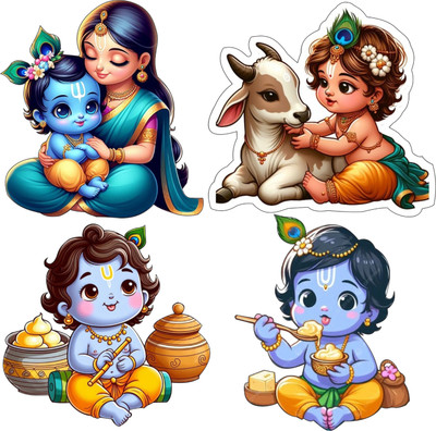 AMFLY Set of 4 Lord Krishna Fridge Magnet with Indian Mythological Figures Fridge Magnet, Door Magnet, Kitchen Organiser Magnet Pack of 1(Multicolor)