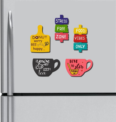 CW Crafts World MDF Wooden Tea Food Quotes Funny & Intellectual Fridge Magnets - Set of 5 Fridge Magnet Pack of 5(Multicolor)