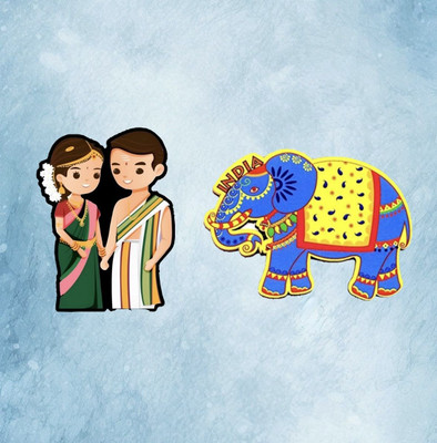 MystikArt Ecommerce Combo of South Indian Couple and Elephant Fridge Magnet, Door Magnet, Multipurpose Office Magnets Pack of 2(Multicolor)