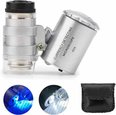uptodatetools UV Microscopes 60X Pocket Portable Jewelers Loupe Magnifying Glasses 60x Microscopes(Black & Silver)