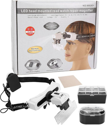 AS TOOL CENTER Headband Magnifier Head Wearing Magnifying Glass LED Light HeadMounted Magnifier Desktop With Lamp Magnifying Glass Welding Clock Mobile Phone Reading magnifire(White)