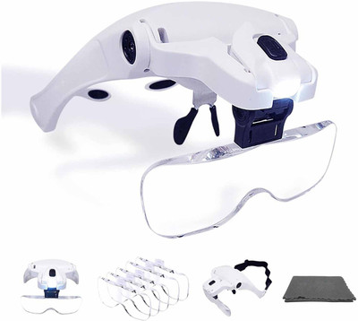 uptodatetools LED Illuminated Headband Magnifier Visor 2 Powerful LED Lights 1X, 1.5X, 2X, 2.5X 3.5X MAGNIFIER(White)
