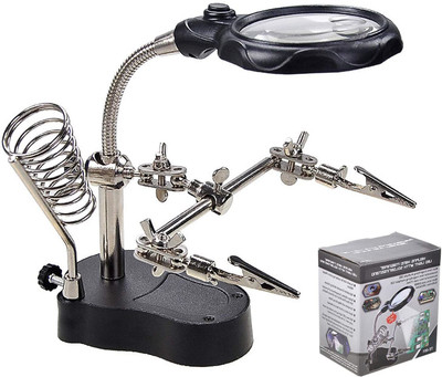 uptodatetools Led Light Helping Hands Soldering Magnifying Lamp Professional 3.5X 12X Magnifying Glass Stand with Auxiliary Clamp and Alligator Clips 90 mm Soldering Magnifying(silver black)