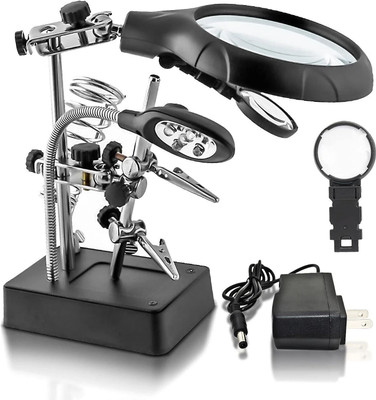 wagela LED Light Helping Hands Magnifier Soldering Station Lighted Hands Free 2X 4X Magnifying Glass Stand with Clamp and Alligator Clips(Black)