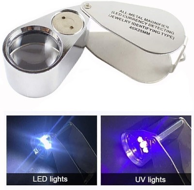 uptodatetools 40X Metal Illuminated Jewelry Loop Magnifier, Magnifying Glass with LED Light Pocket Folding Jewelers Loupe for Currency Detecting Jewlers Identifying Type Lupe 40X Jewelry Loop Magnifier, Magnifying Glass with LED Light Pocket Folding(Silver)