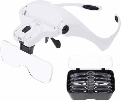 KP2 Adjustable Magnifier 5 Lens Loupe LED Light Headband Magnifier Glass LED 1.2X 1.8X 2.5X 3.5X 4.5X Headband Hands Free Magnifying Glass Lens(White)