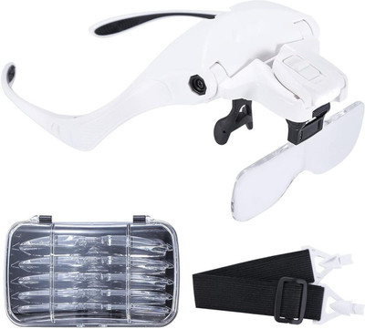 SHUANG YOU Head Magnifying Visor with 4 LED Lights and 5 Detachable Lenses 1X, 1.5X, 2X, 2.5X 3.5X Hands-Free Headband Magnifier Glass for Jewelry, Arts, Crafts and Close Work(White)