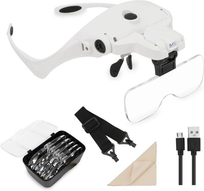 wagela Headband Magnifier USB Charging Handsfree Magnifying Glasses with LED Light Head 1.0X 1.5X 2.0X 2.5X 3.5X Mount Loupe for Jewelry Craft Watch Repair Hobby(White)