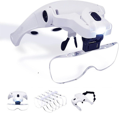 SHUANG YOU Headband Magnifier Visor with Cleaning Cloth Zoom with 5 Detachable Lenses Hands 1X to 3.5X Worn Lighted Magnifying Glass for Inspecting & Electronic(White)