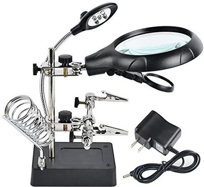 wagela Desktop LED Lighted Magnifying Glass Soldering Station, 2.5X 7.5X 10X 2.5X 7.5X 10X Helping Hands Magnifier Soldering Station(Black)