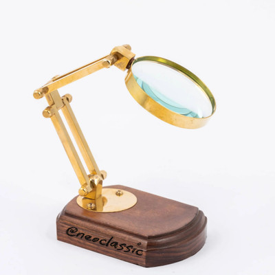 Neo Classic Nautical Brass Magnifying Glass with Wooden Base – Classic Marine Decor 10 X Table Magnifying Glass(Gold, Black)