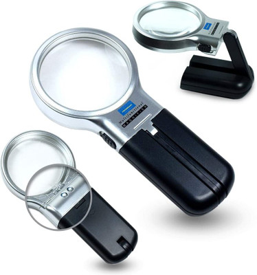 JGG Jain Gift Gallery 3 in 1 Portable Magnifying Lens 3X High-Powered Magnification 75 MM Hand-Held Folding Magnifier Glass with LED Lights Stand and UV Protection(Black)