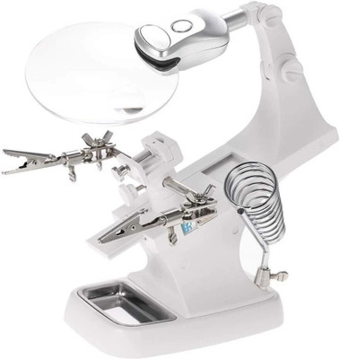 wagela Helping Hand Soldering Station LED Light Hands Free 360° rotating 2X 4X Magnifying Glass Stand with Clamp and Clips(White)