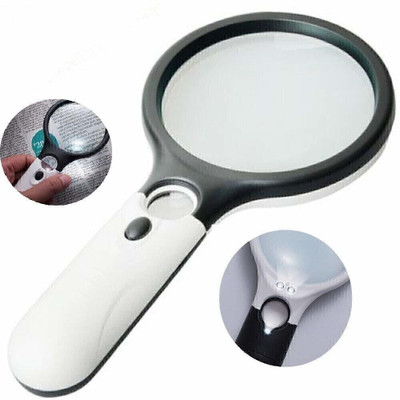 Justakeit Magnifier Lens with 3 LED Light 3X & 45x Handheld Magnifier Reading 50mm Magnifier Glass(White)