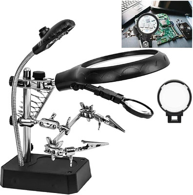 uptodatetools Hands Magnifier Soldering Station 2.5X/7.5X/10X Desktop Magnifying Glass Helping Hands Auxiliary Clamp Alligator Clips Stand Repair Tool 90 MM Magnifier(silver black)