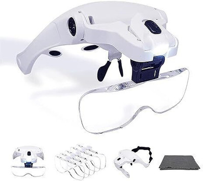 Bluedeal LED Illuminated Headband Magnifier Visor with Cleaning Cloth-5 Detachable Lenses 1X to 3.5X Headband(White)