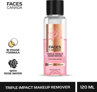 FACES CANADA Triple Impact Makeup Remover, Biphasic remover, With Rose Water, 3 in 1, 120 ml Makeup Remover(120 ml)