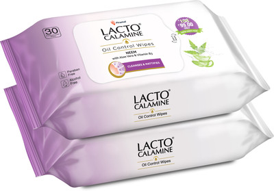 Lacto Calamine Oil Control Wipes with Neem,VitaminB3 and Aloe Parabens & Alcohol free Makeup Remover(60 Wipes)
