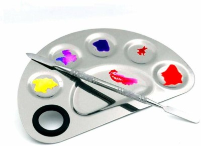 THR3E STROKES Stainless Steel 6 Holes Makeup Palette Nail Art Polish Mixing Plate Cosmetic Artist Mixing Palette with Spatula Tool for Mixing Foundation