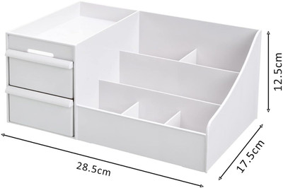 Coozico 7 Compartments plastic Multi Grid Plastic Desktop Storage Cosmetic Organizer with 2 Drawer Vanity Box(White)