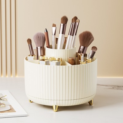 SHOPIVAAN 360° Rotating Makeup Brush Holder, 7 Compartment Round Stand for Jewellery, Brushes, Cosmetic Vanity Box(Cream)