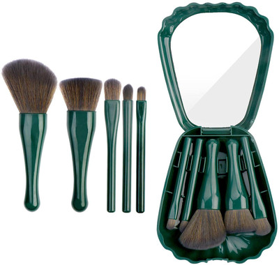 NSUSU 5pcs Travel Makeup Brush Set Mini Cosmetic Brushes with Mirror Shell Case- Green(Pack of 5)
